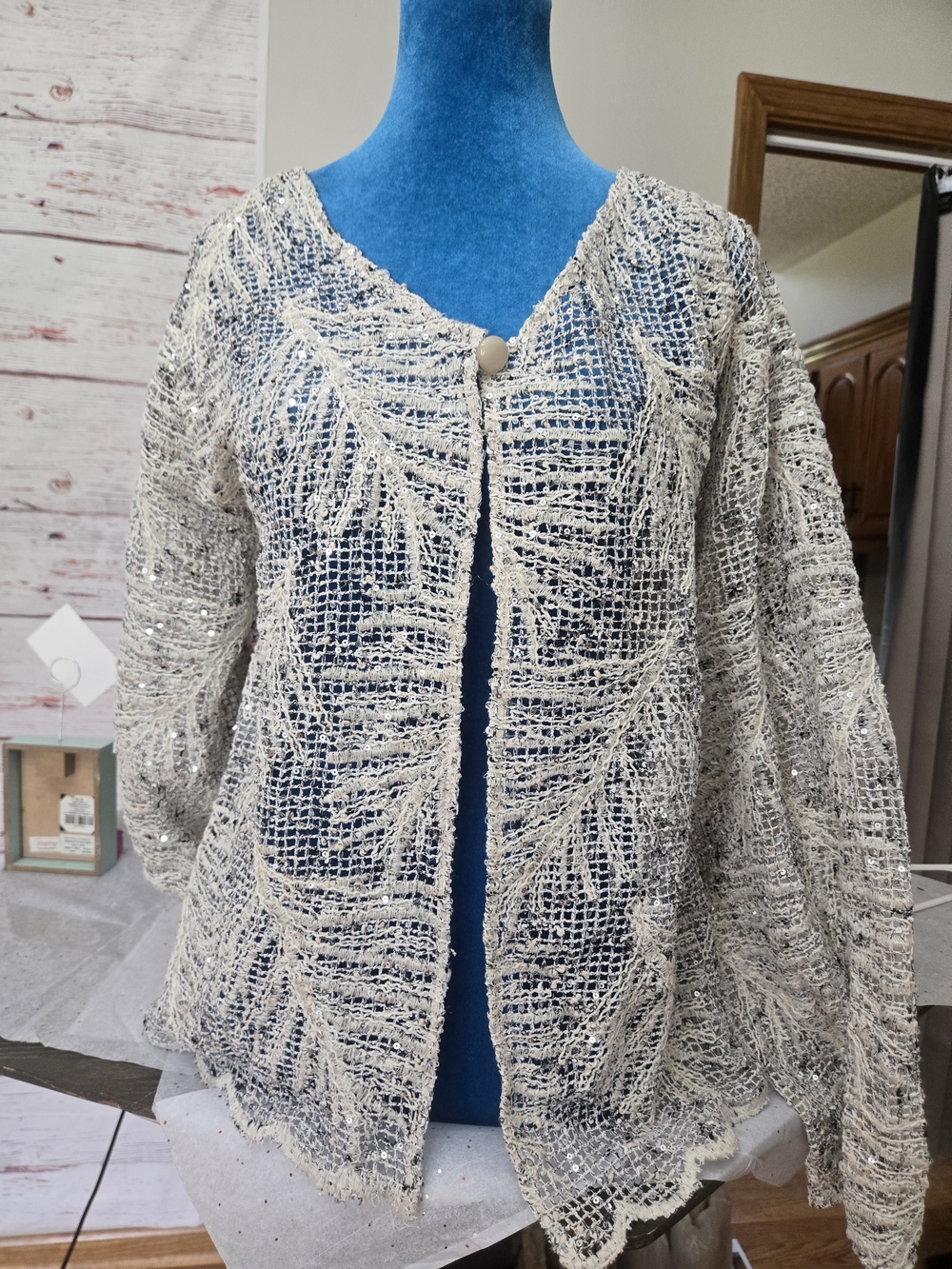 Susan Graver Ivory Sequin Open-Knit Cardigan Jacket XL